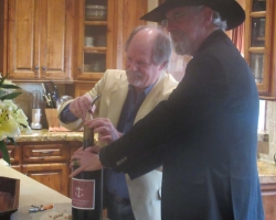 Jim Rea and Gary Ruttenberg opening a double magnum of Foxen Cabernet Sauvignon