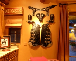Custom western outfit: Gunbelt, gauntlets, boots with spurs and chaps with silver conchos